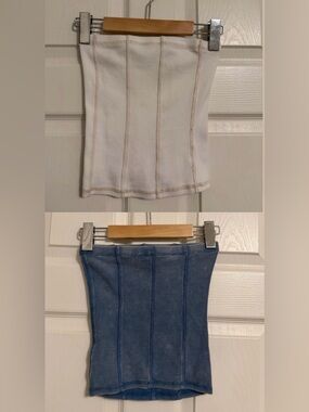 White and Blue Ribbed Strapless Tube Tops